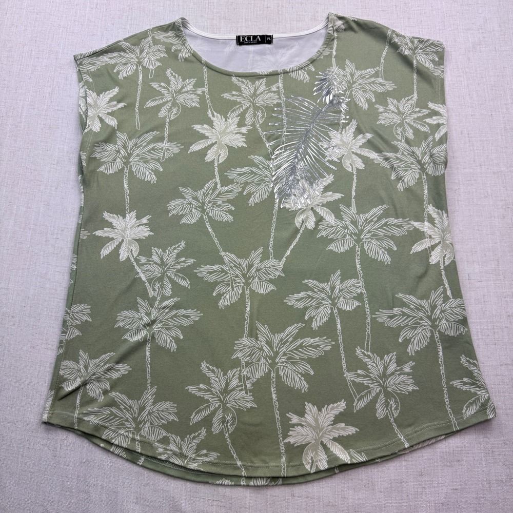 ECLA Palm Tree Top Women PL Sage Green Metallic Leaf Cap Sleeve Tropical Boho